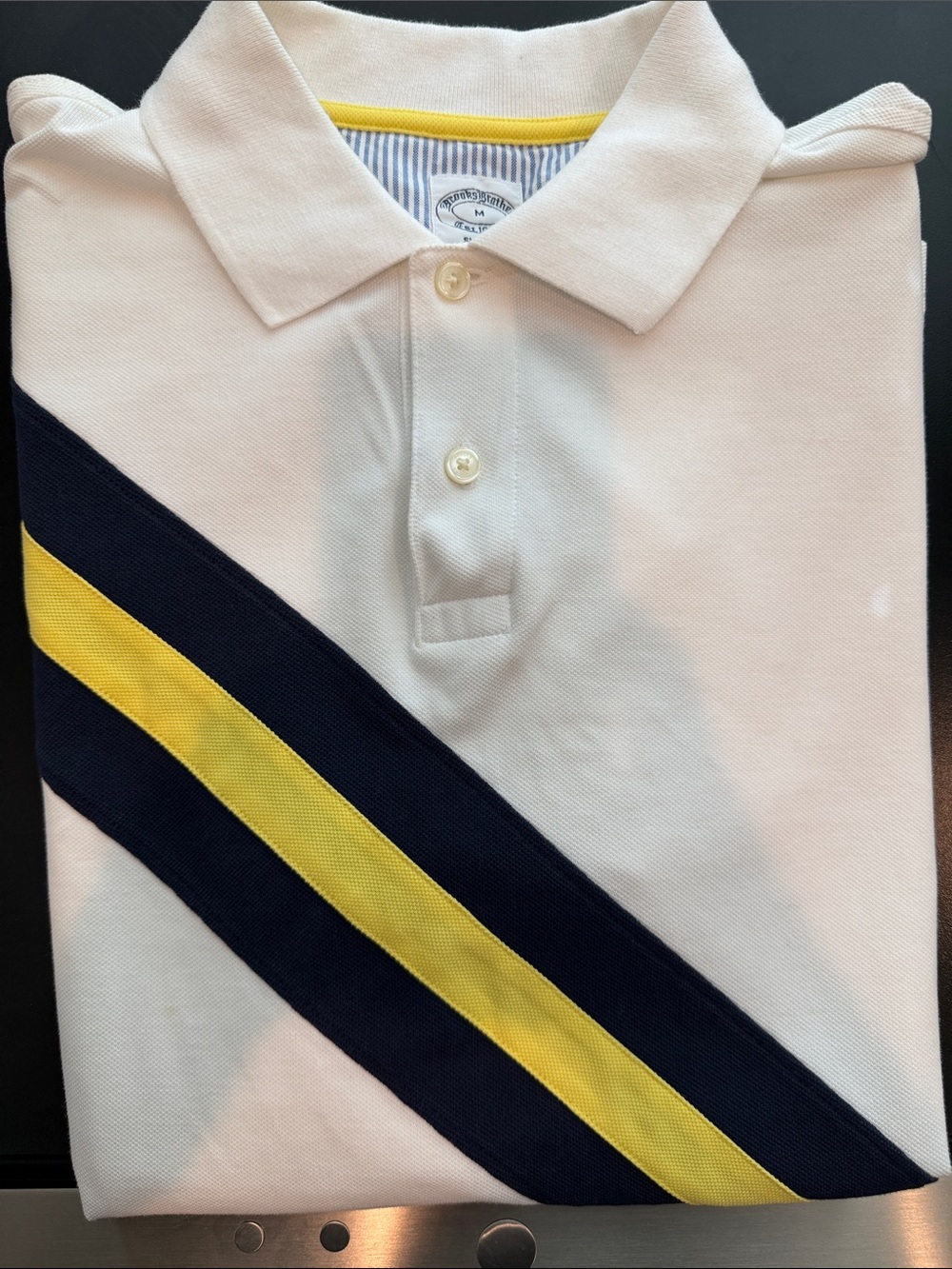 Brooks Brothers White Polo with Navy & Yellow Diagonal Stripes Medium Slim Fit